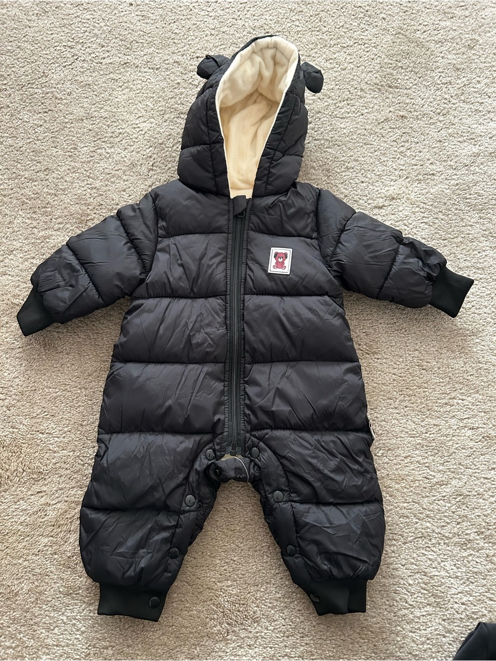 Amazon Black Puffer Baby One-Piece Snowsuit with Cream Lined Hood